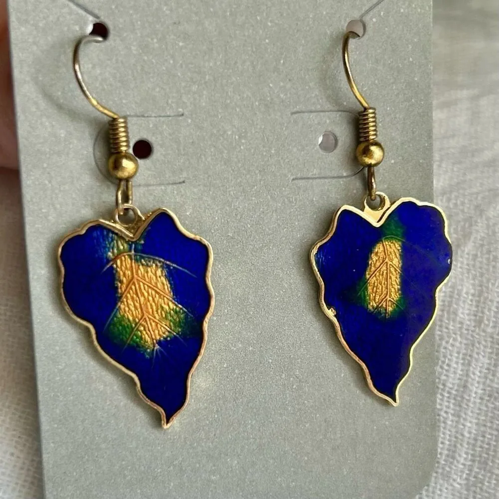 Vintage Gold Enamel Leaf Dangle Earrings Blue and Gold
